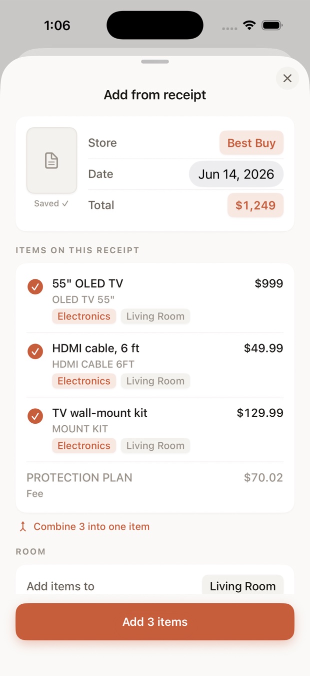 The add-item screen with options to scan a receipt, take a photo, and fill in essentials