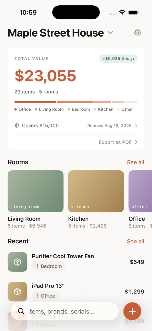The Everynook home screen showing a property's total value, its insurance coverage at a glance, rooms, and recent items