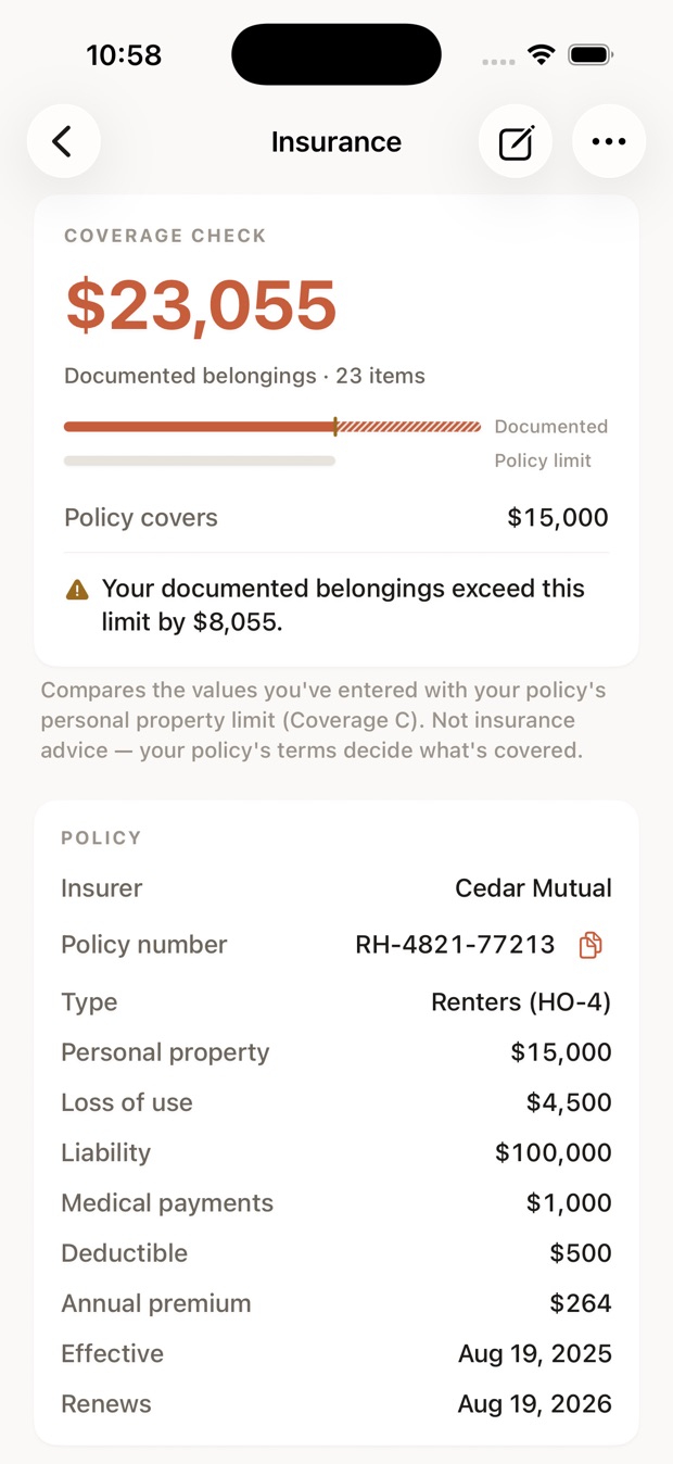 The Everynook insurance screen comparing $23,055 of documented belongings against a $15,000 policy limit, with policy details below