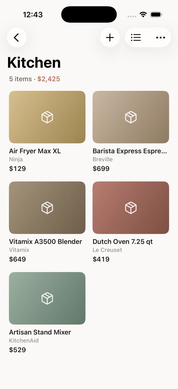 A room in Everynook shown as a grid of item cards with brands and values
